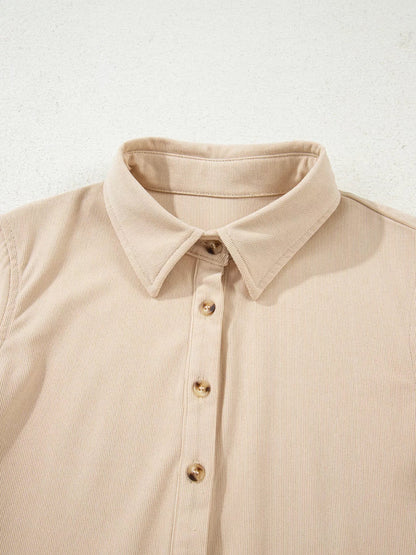 Corduroy Half Button Collared Long Sleeve Mini Dress-Nordavory