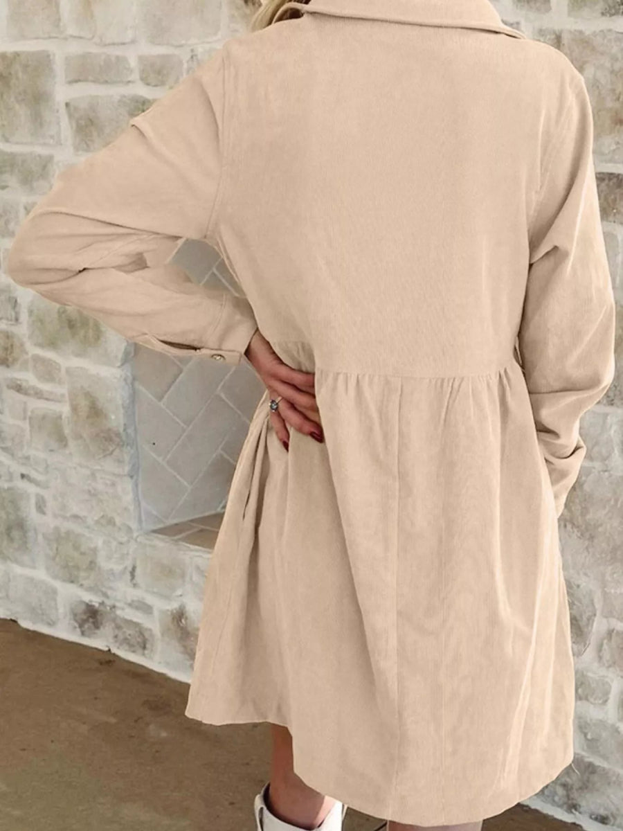 Corduroy Half Button Collared Long Sleeve Mini Dress-Nordavory