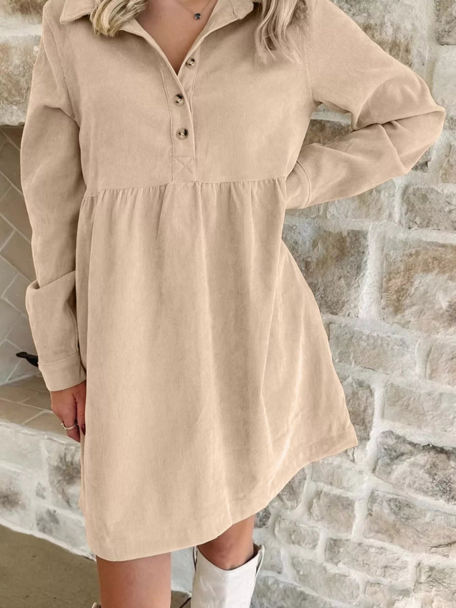 Corduroy Half Button Collared Long Sleeve Mini Dress-Nordavory