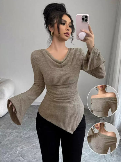 Cowl Neck Flare Sleeve Top-Nordavory