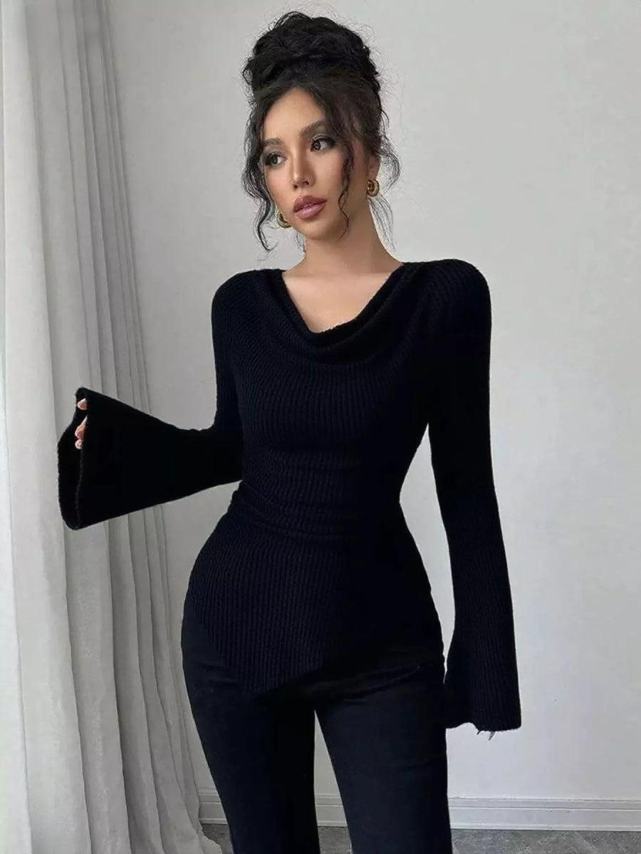 Cowl Neck Flare Sleeve Top-Nordavory