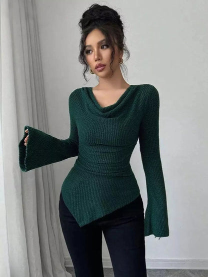 Cowl Neck Flare Sleeve Top-Nordavory