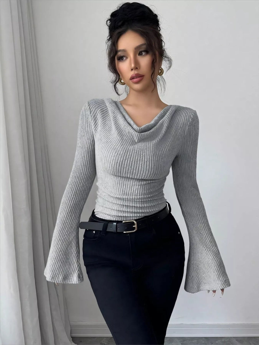 Cowl Neck Flare Sleeve Top-Nordavory