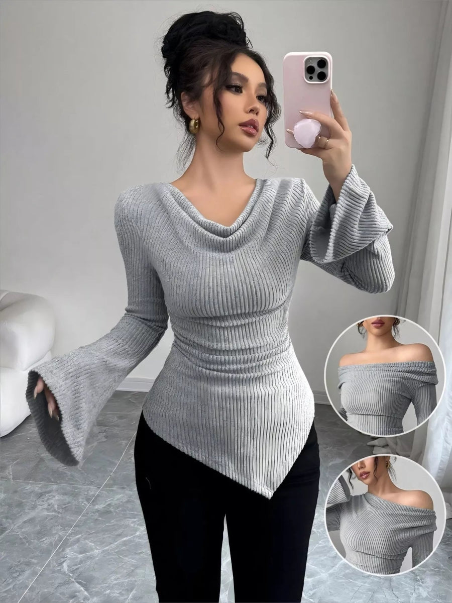 Cowl Neck Flare Sleeve Top-Nordavory