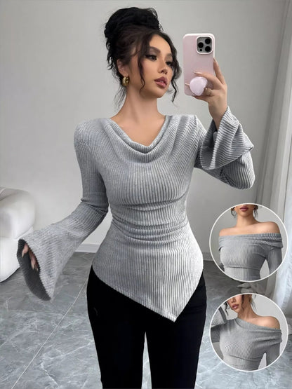 Cowl Neck Flare Sleeve Top-Nordavory