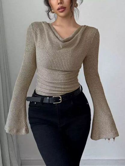 Cowl Neck Flare Sleeve Top-Nordavory