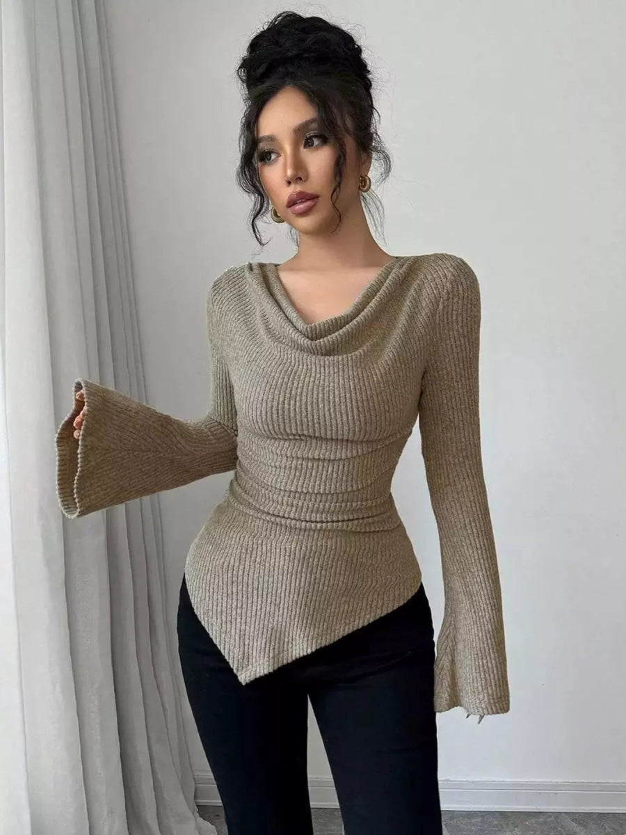 Cowl Neck Flare Sleeve Top-Nordavory