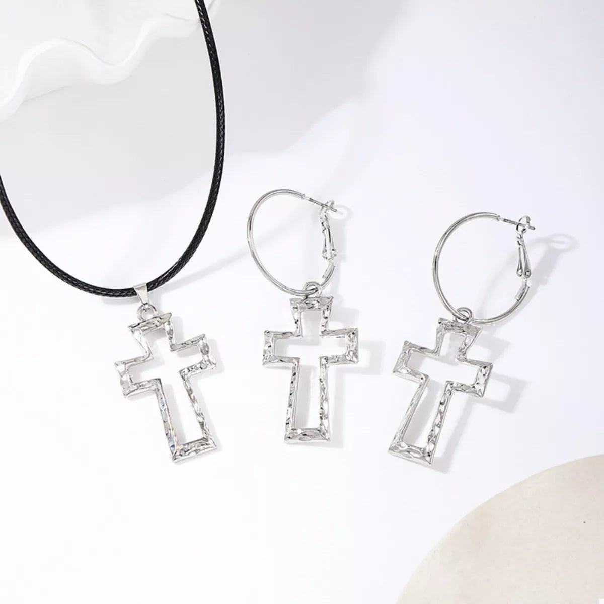 Cross Pendant Necklace & Hoop Earrings Jewelry Set-Nordavory