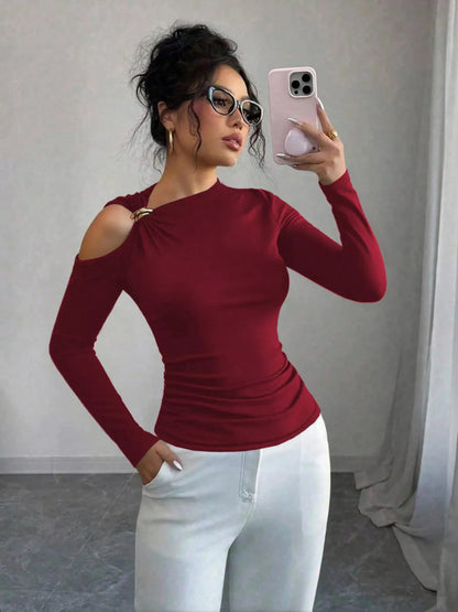 Cutout One-Shoulder Long Sleeve T-Shirt-Nordavory