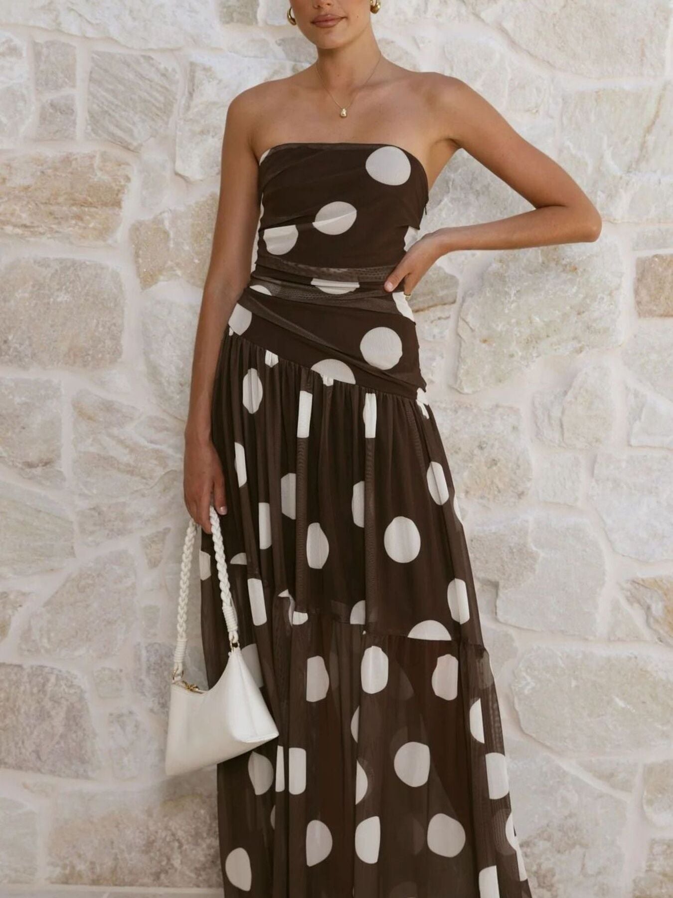 Polka Dot Strapless Ruched Maxi Dress-Nordavory
