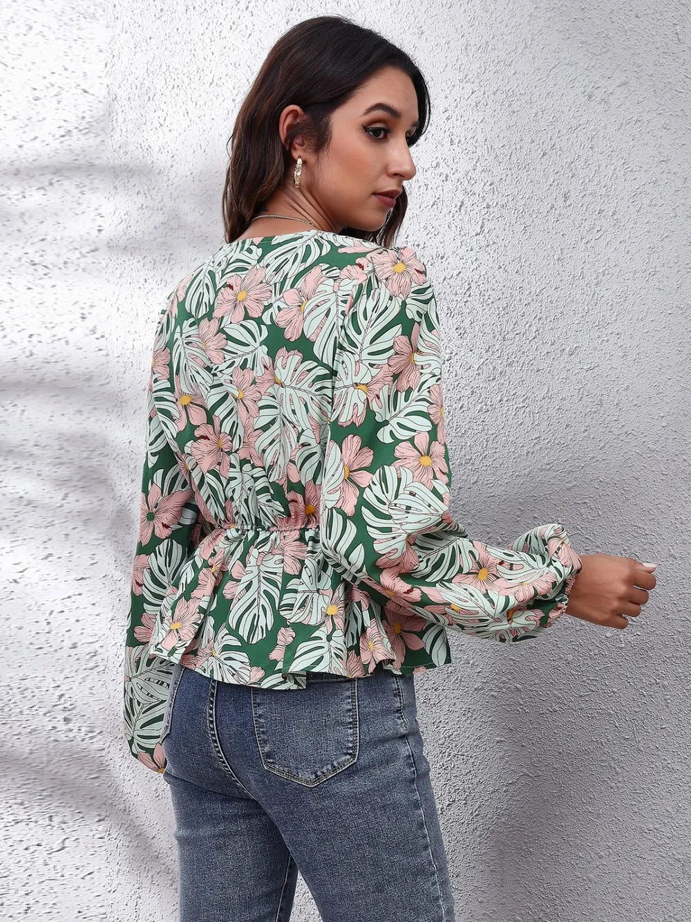 Floral V-Neck Balloon Sleeve Peplum Blouse-Nordavory