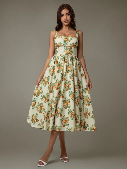 Lace Trim Floral Sleeveless Midi Dress-Nordavory