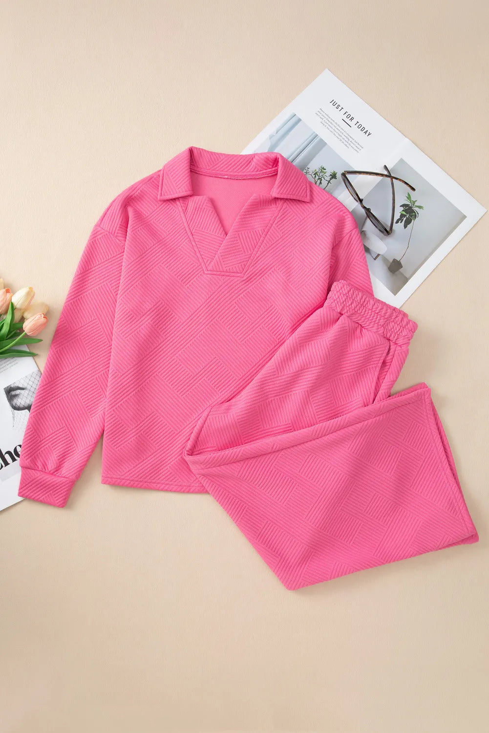 Textured Long Sleeve Top and Drawstring Pants Set-Nordavory