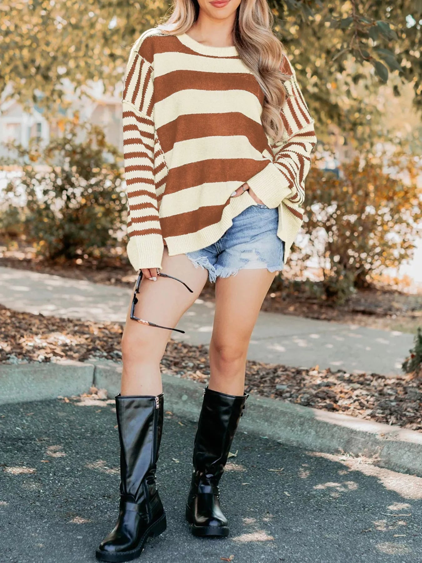 Stripe Drop Shoulder Sleeve Patchwork Baggy Sweater-Nordavory