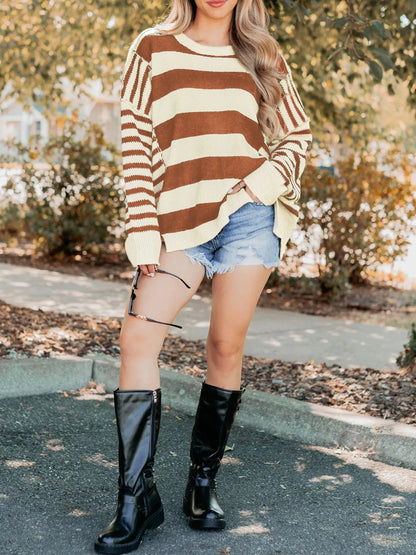 Stripe Drop Shoulder Sleeve Patchwork Baggy Sweater-Nordavory