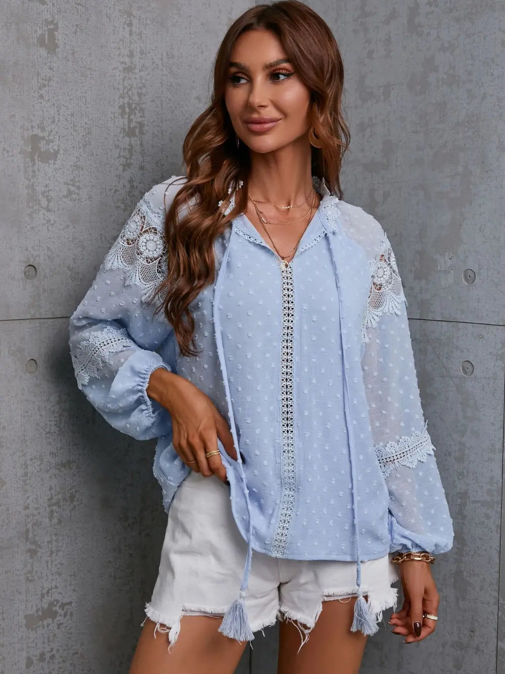 Crochet Tassel Tie Neck Long Sleeve Blouse-Nordavory