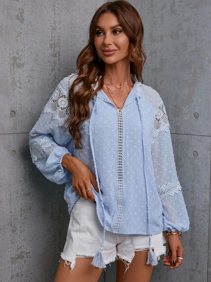 Crochet Tassel Tie Neck Long Sleeve Blouse-Nordavory