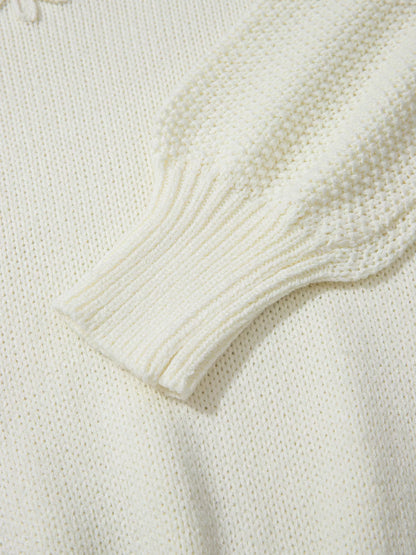 Flower Detail Round Neck Contrast Textured Puff Sleeve Sweater-Nordavory