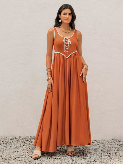 Contrast Trim Lace-Up Maxi Tank Dress-Nordavory