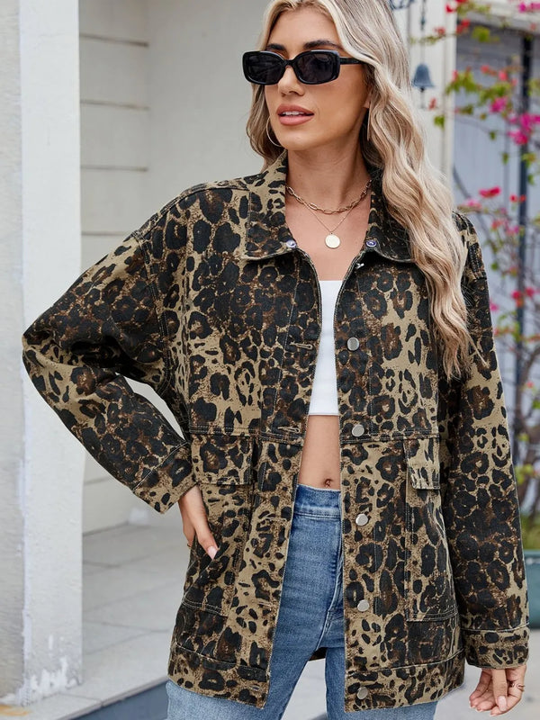 Leopard Button Up Drop Shoulder Denim Jacket-Nordavory