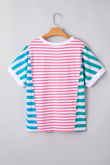 Color Block Striped Batwing Sleeve T-Shirt-Nordavory