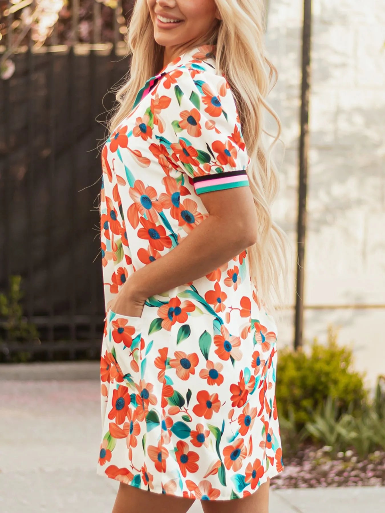 Contrast Trim Floral Split Neck Puff Short Sleeve Tiered Mini Dress-Nordavory