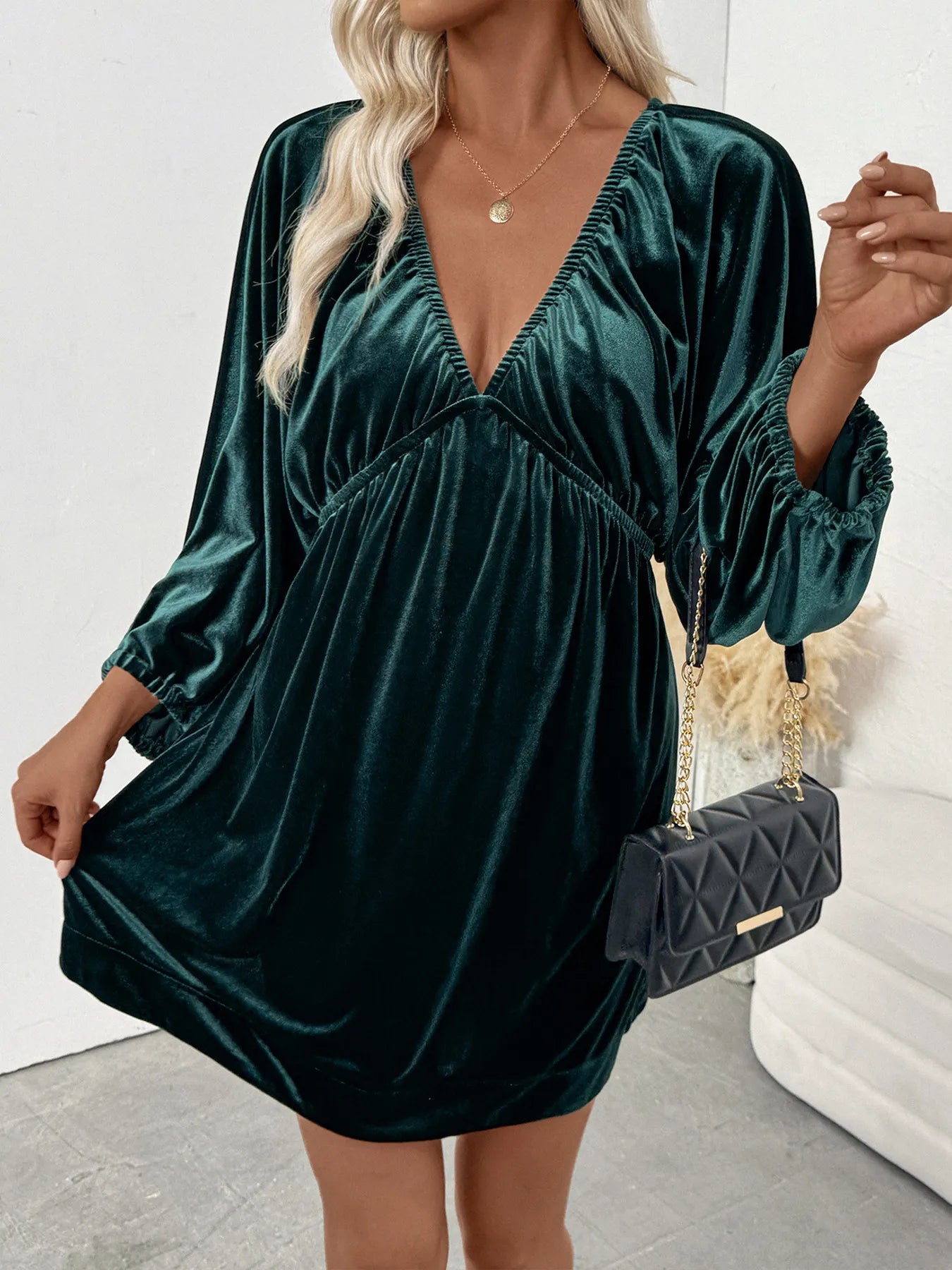 Ruched V-Neck Balloon Sleeve Dress-Nordavory