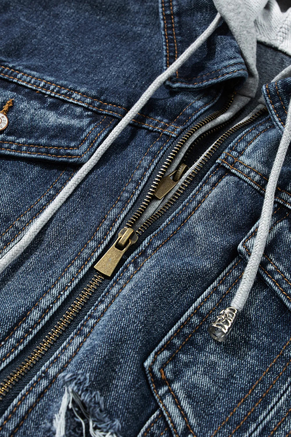 Fake Two-Piece Hooded Zip-Up Denim Jacket-Nordavory