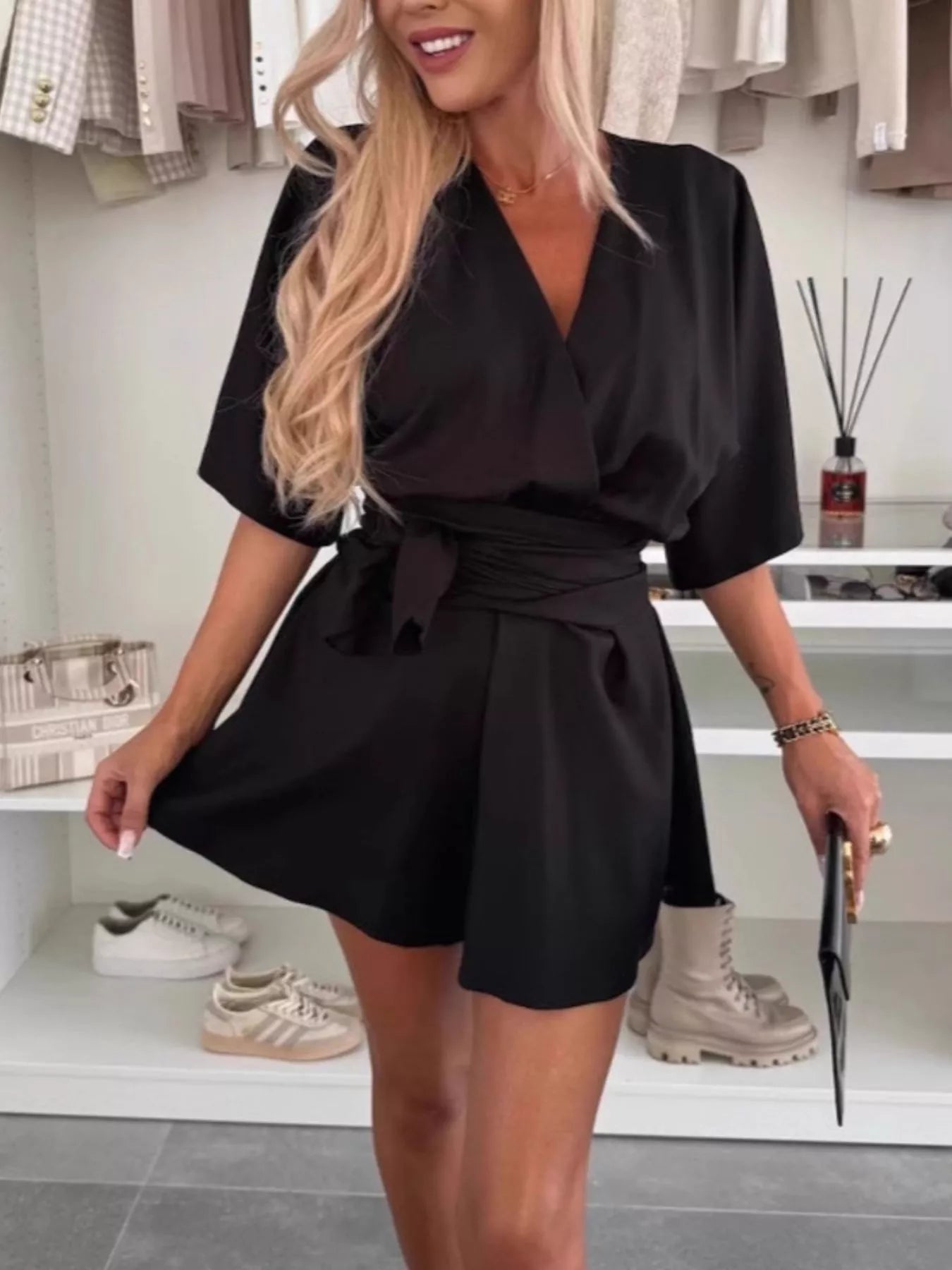 Full Size Surplice Tie Waist Romper Plus Size-Nordavory