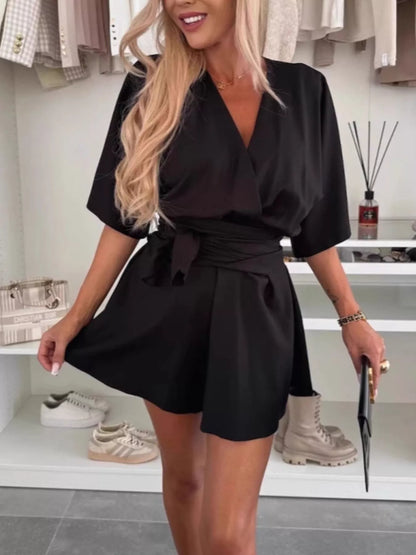 Full Size Surplice Tie Waist Romper Plus Size-Nordavory