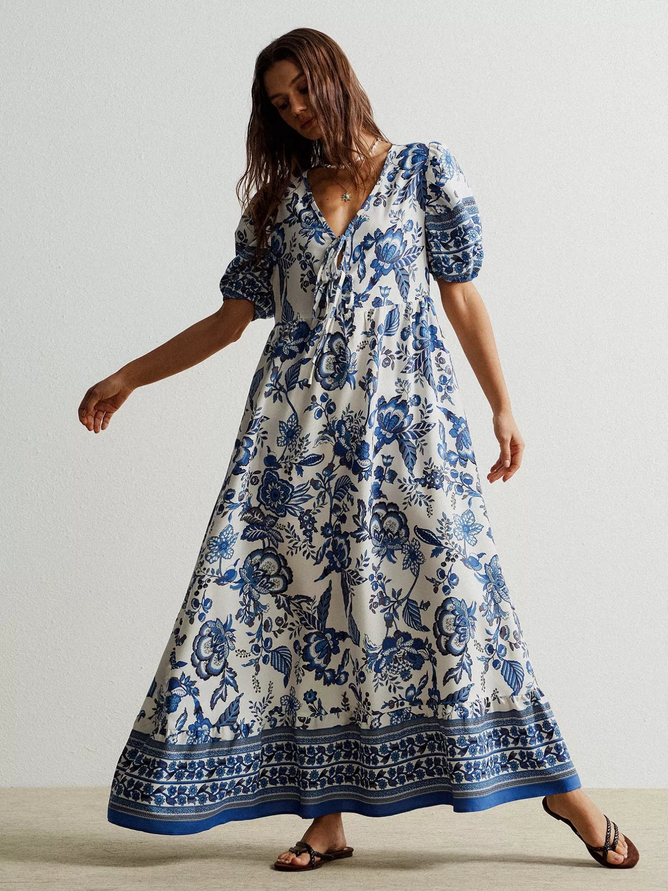 Floral Print Tie-Neck Puff Sleeve Maxi Dress-Nordavory