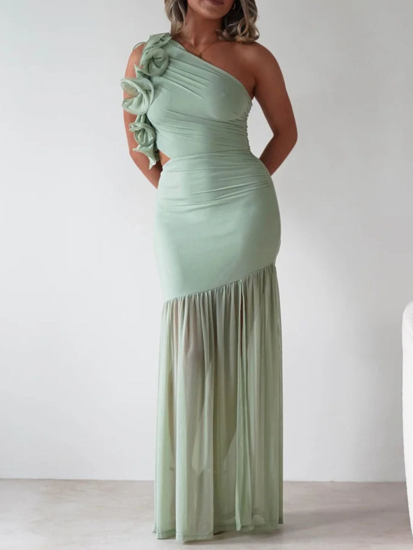 One-Shoulder Ruffle Trim Maxi Dress-Nordavory
