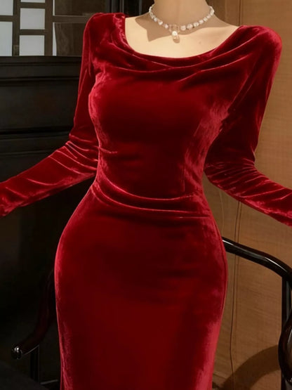Velvet Cowl Neck Long Sleeve Midi Dress-Nordavory