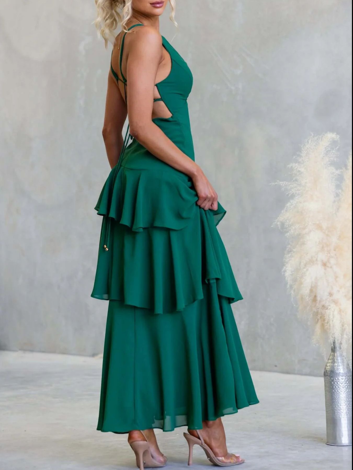 Sleeveless Ruffled Layered Backless Maxi Dress-Nordavory