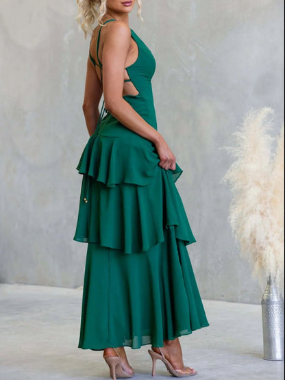 Sleeveless Ruffled Layered Backless Maxi Dress-Nordavory