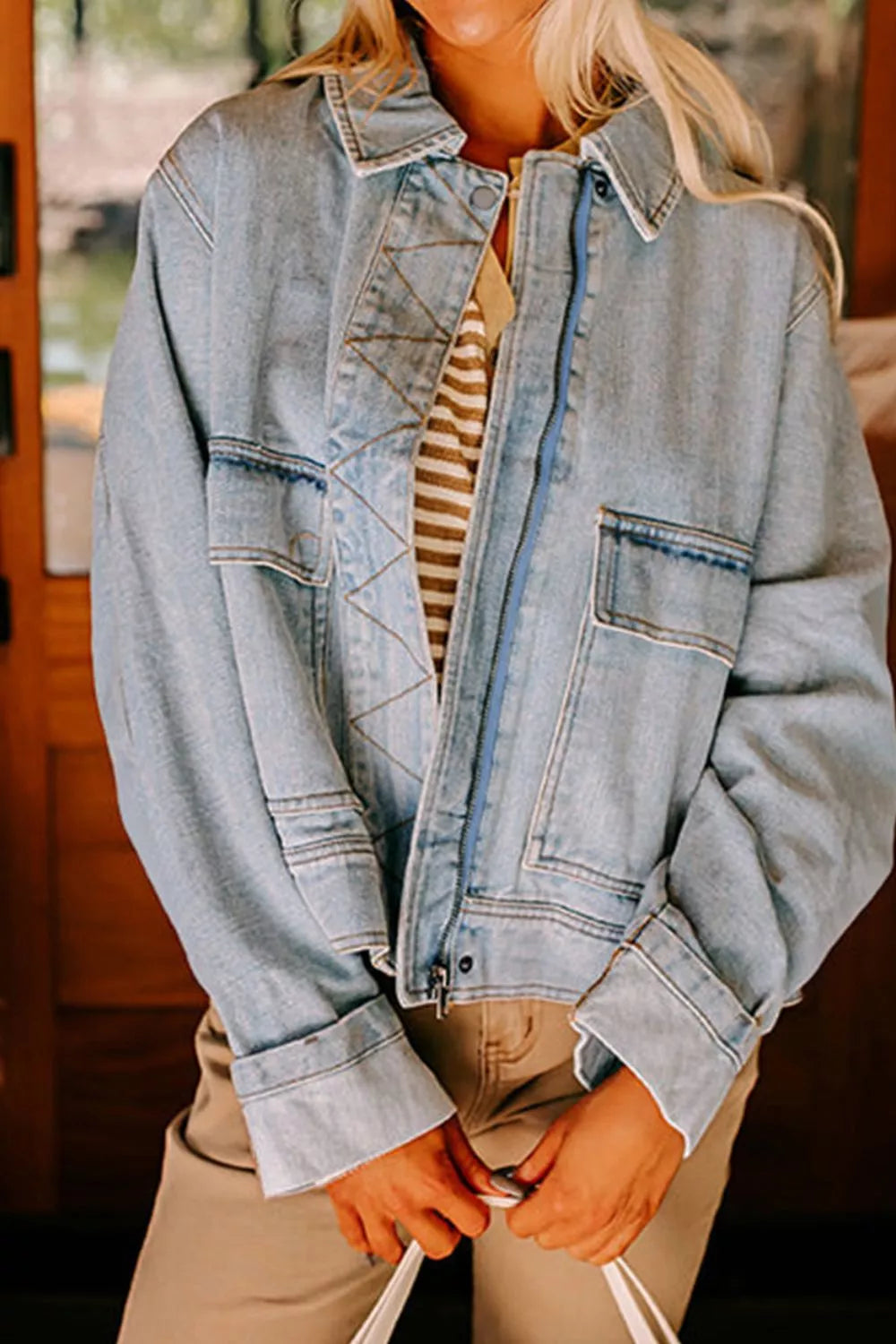 Zip Up Drop Shoulder Denim Jacket-Nordavory