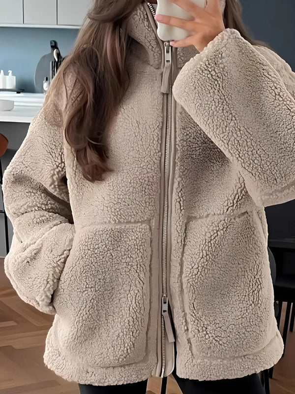 Zip Up Turtleneck Long Sleeve Plush Jacket-Nordavory
