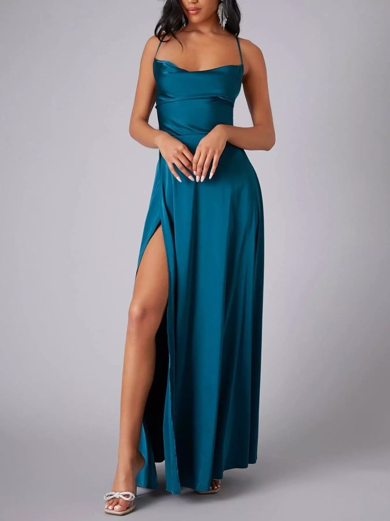 Lace Up Back Split Maxi Dress-Nordavory