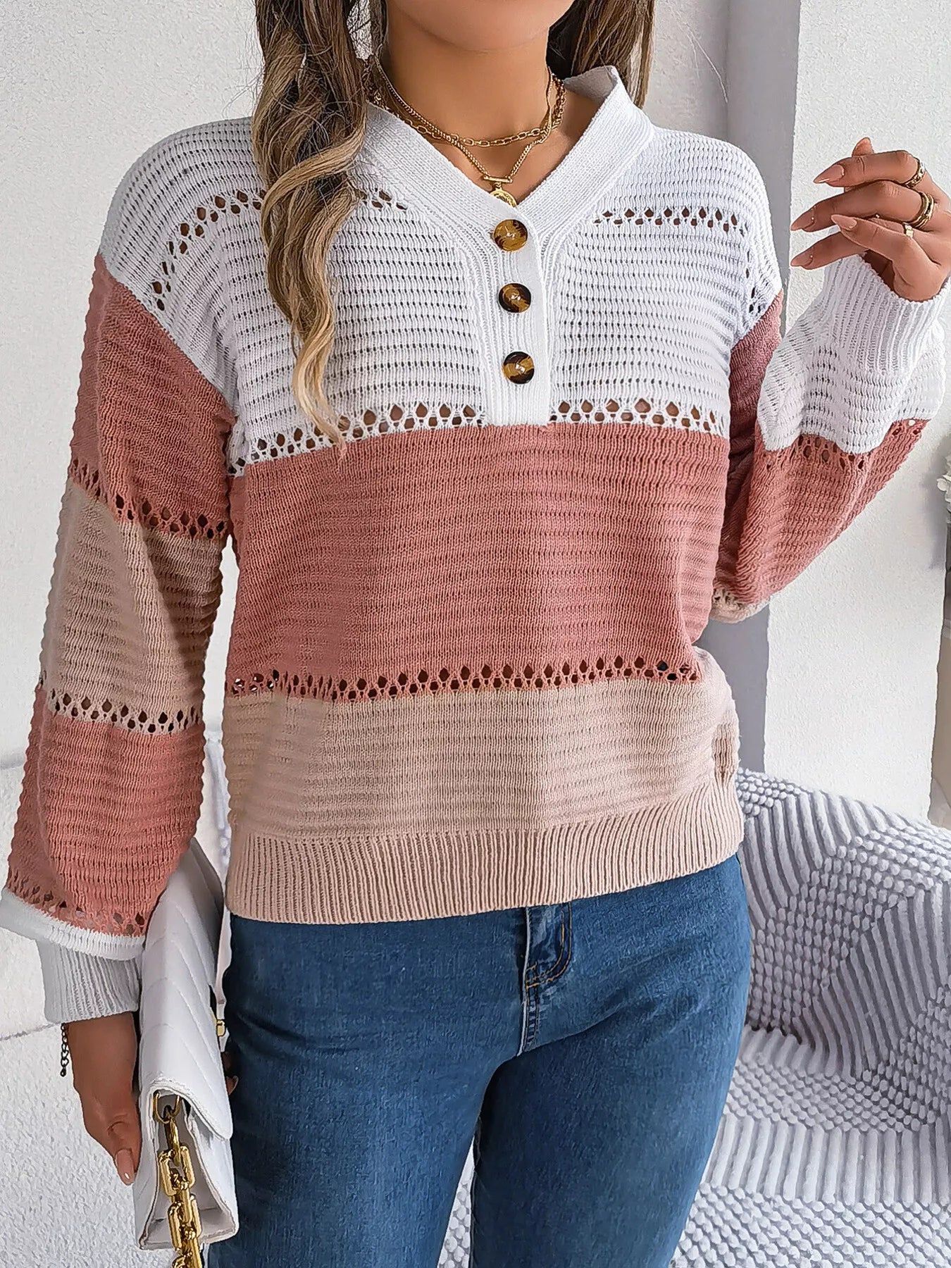 Color Block Striped V-Neck Button Detail Sweater-Nordavory