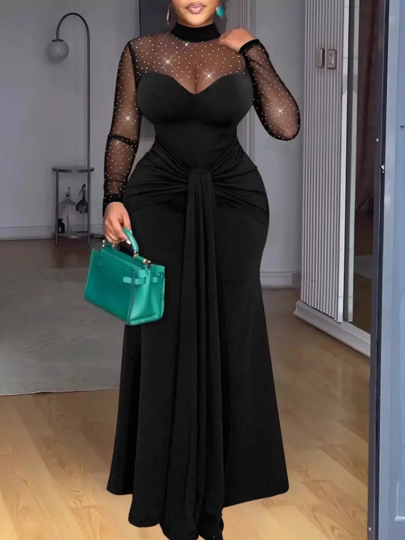 Mesh Mock Neck Long Sleeve Maxi Dress-Nordavory
