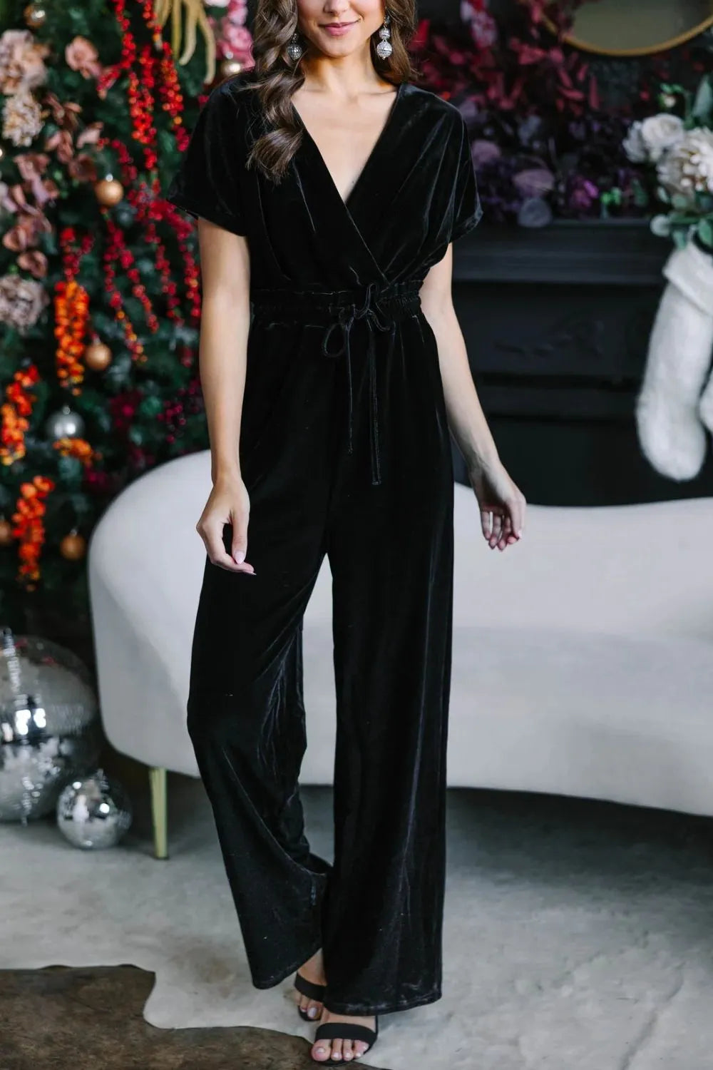 Drawstring Surplice Short Sleeve Jumpsuit-Nordavory