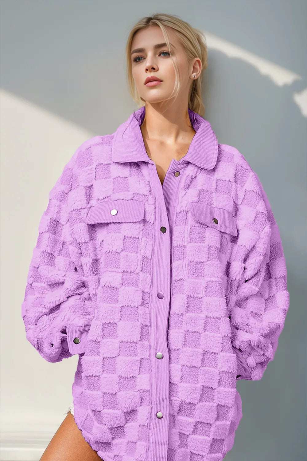 Double Take Button Up Fuzzy Checkered Shacket-Nordavory