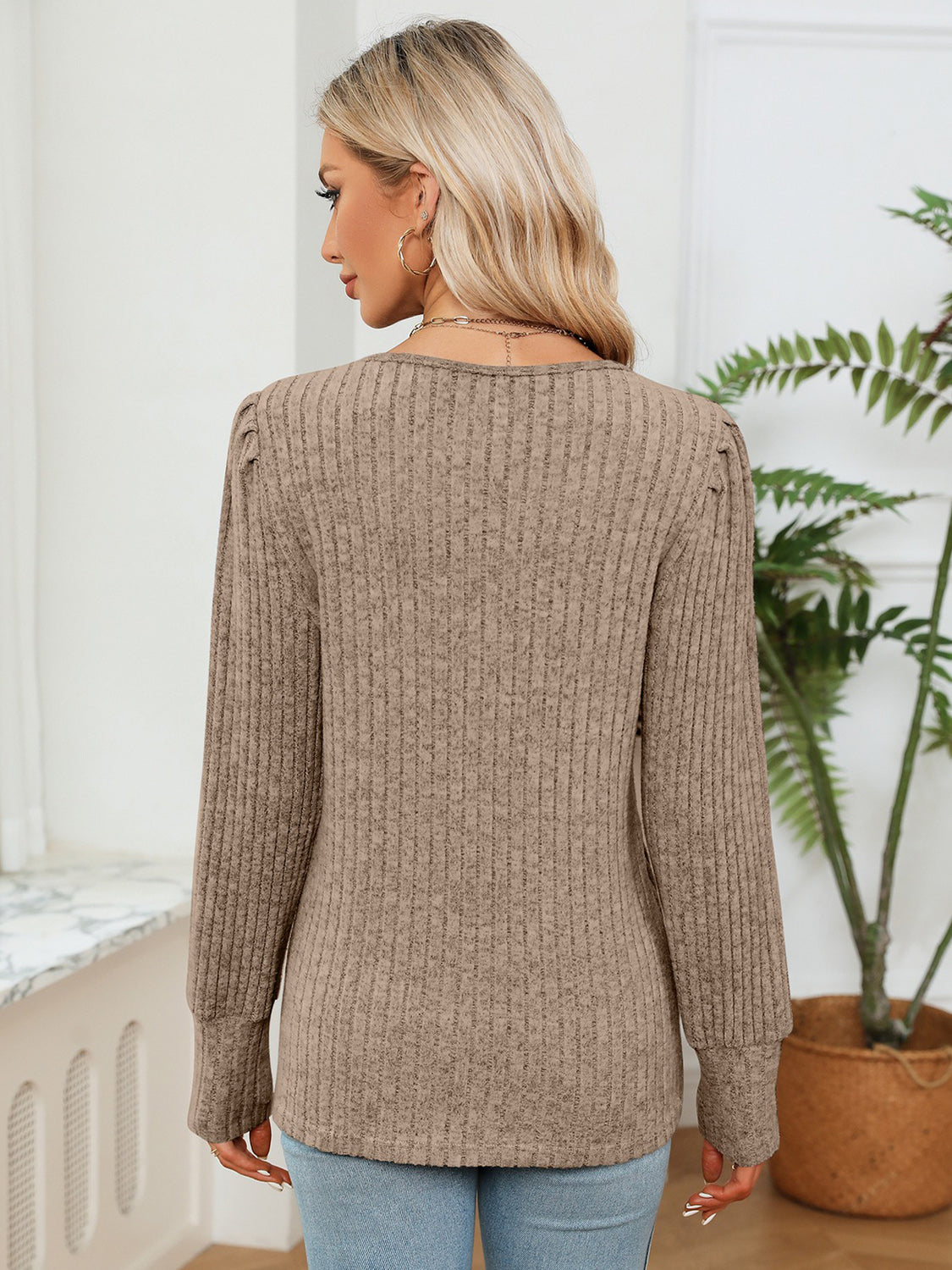 Lace Detail V-Neck Ribbed Blouse-Nordavory