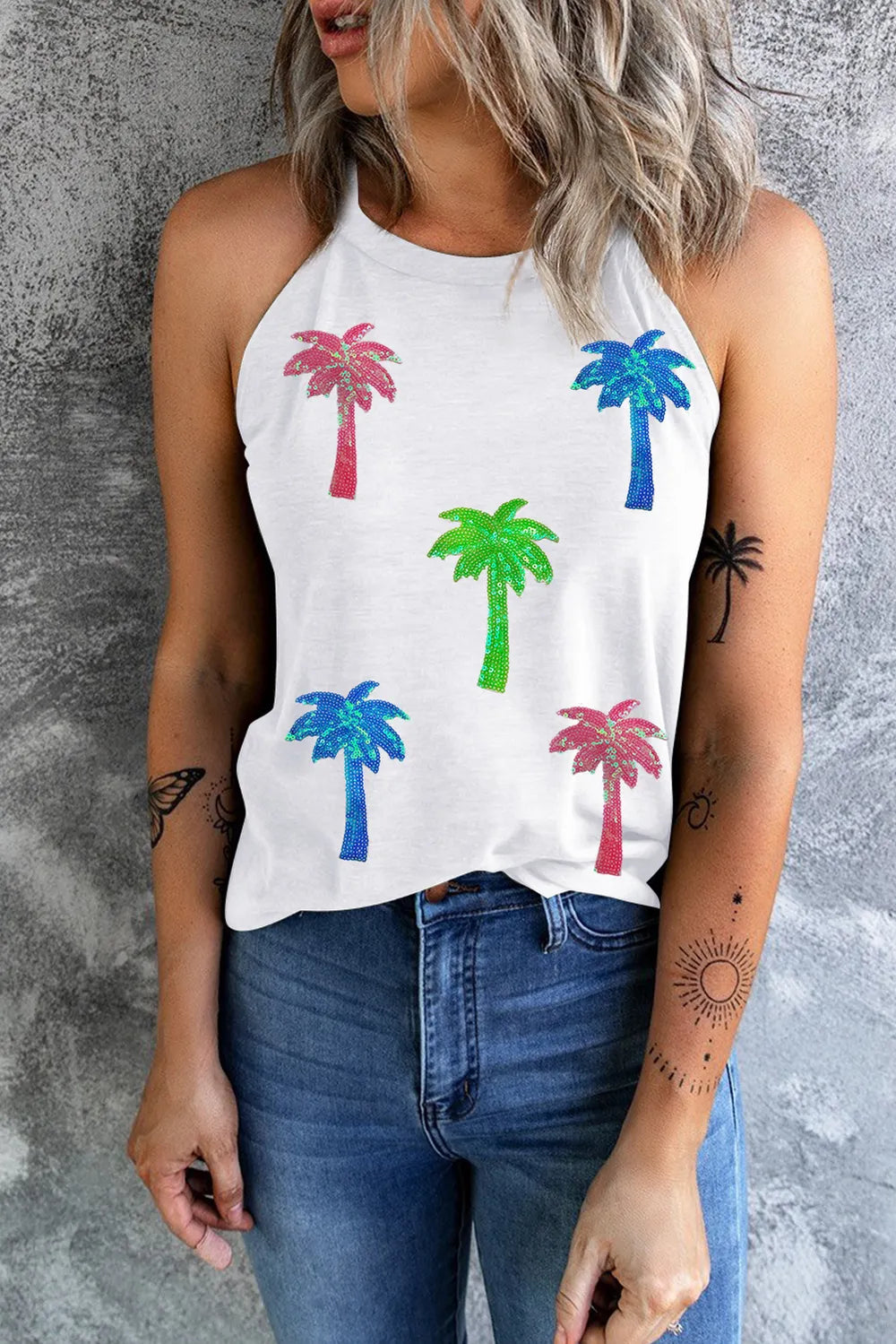 Sequin Coconut Tree Round Neck Tank-Nordavory