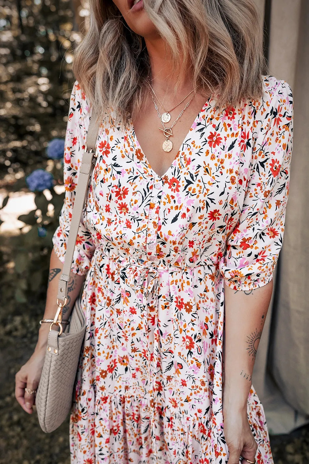 Boho Half Sleeve Floral V Neck Maxi Dress-Nordavory