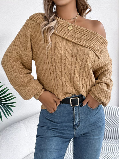 Off-Shoulder Cable Knit Sweater-Nordavory