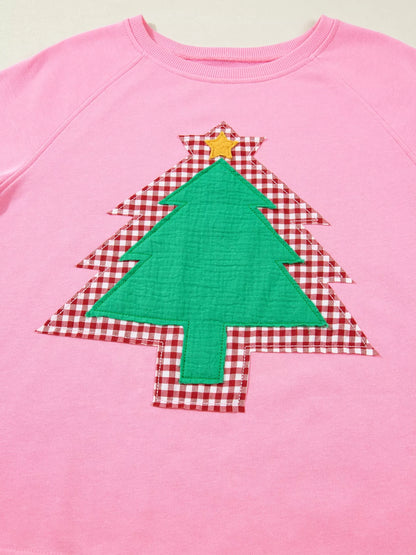 Plaid Contrasted Double Christmas Tree Patched Raglan Sleeve Pullover 2pcs Short Set-Nordavory