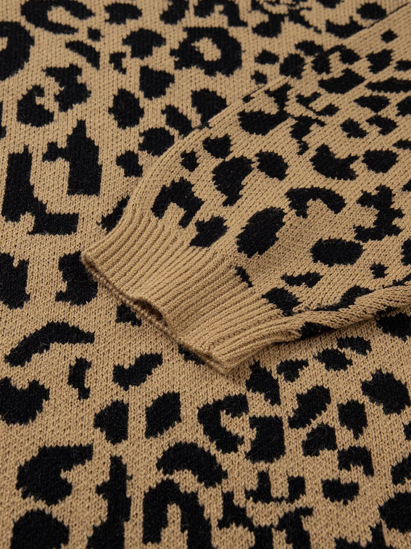 Ribbed Trim Round Neck Leopard Drop Shoulder Sweater-Nordavory