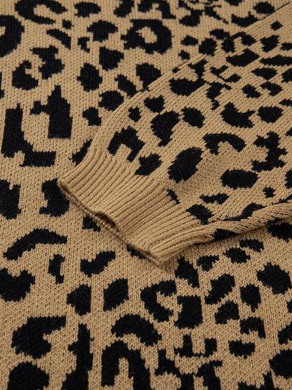 Ribbed Trim Round Neck Leopard Drop Shoulder Sweater-Nordavory