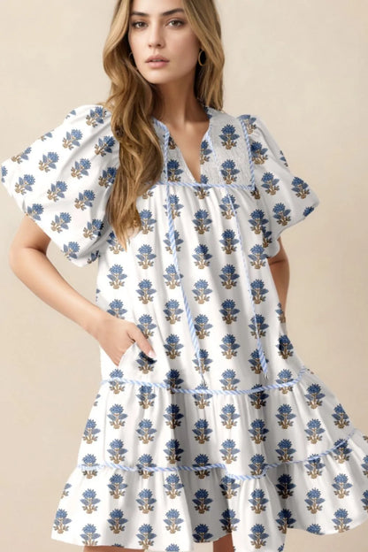 Floral Puff Sleeve Mini Dress with Pockets-Nordavory